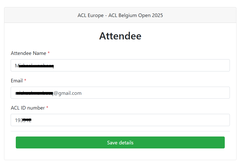 Aide à l’inscription du tournoi ACL Belgium open
